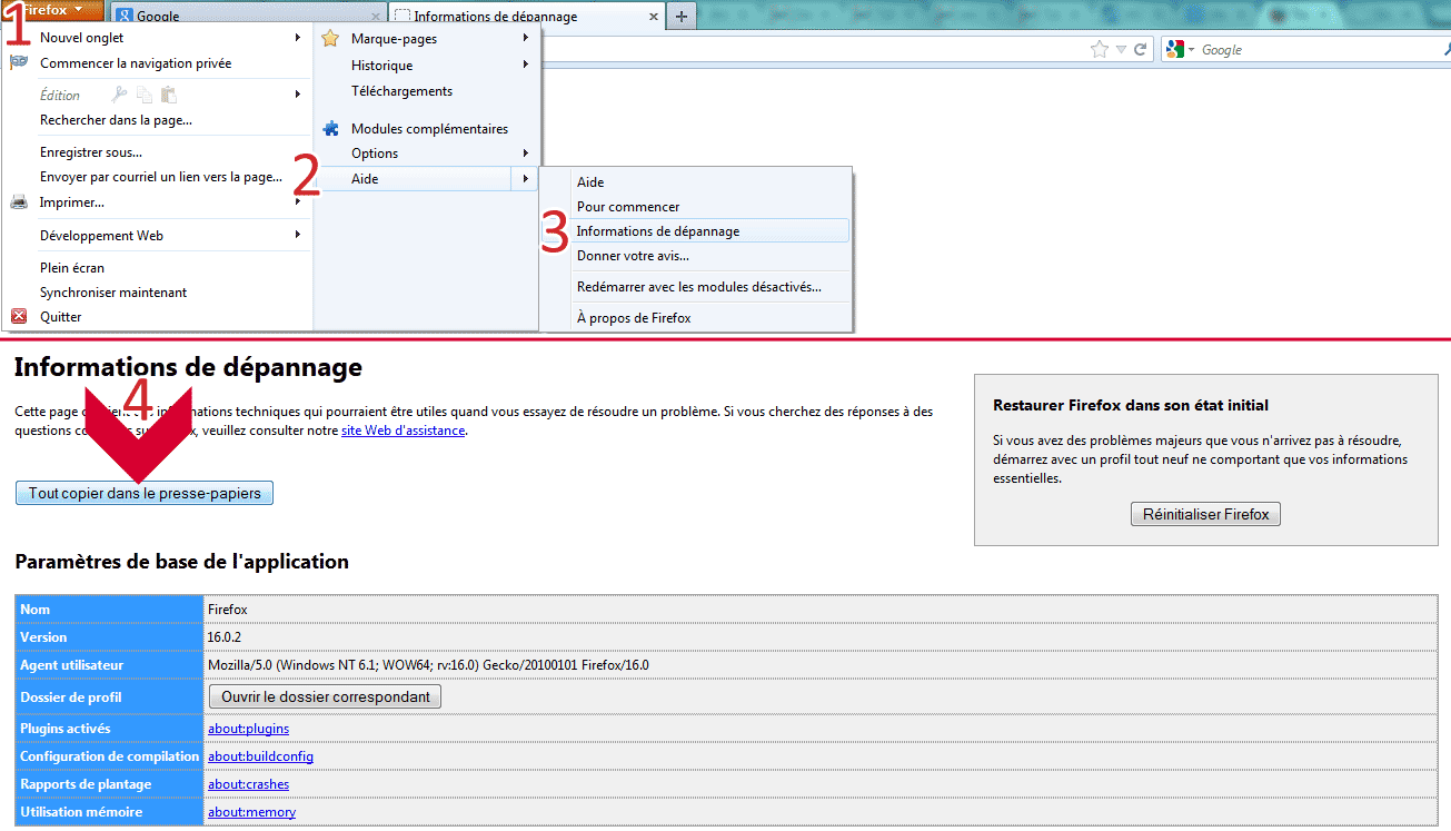 Informations de dépannage Firefox