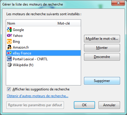 Supprimer un moteur de recherche - Firefox