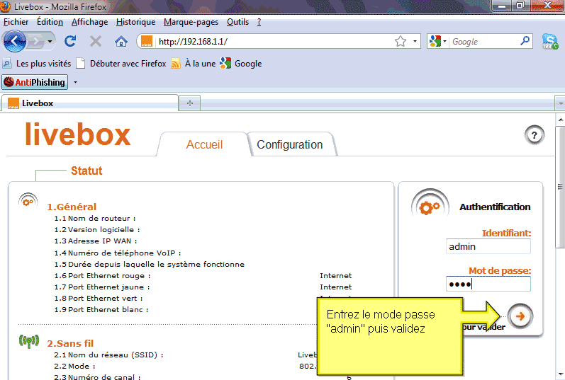 Connexion admin Livebox