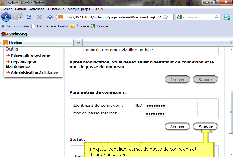 Saisie identifiants Livebox