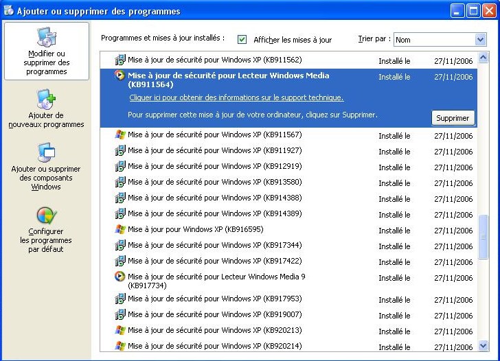 Ajout/Suppression de programmes windows xp