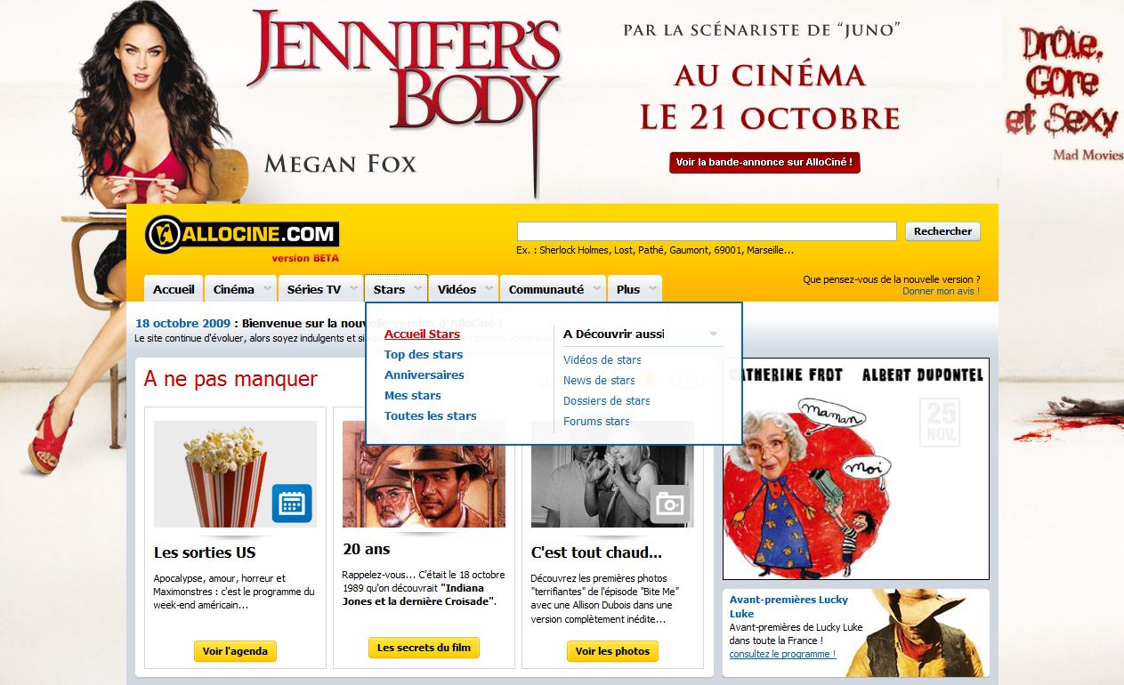 Nouvelle apparence du site allociné (le 18 octobre 2009)