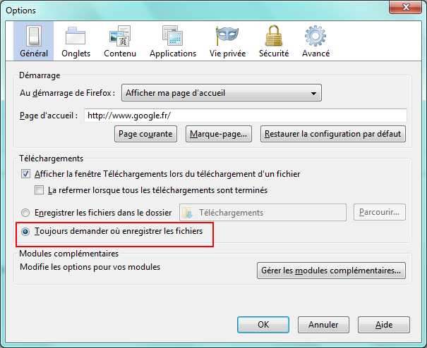 Firefox demander dossier de téléchargement